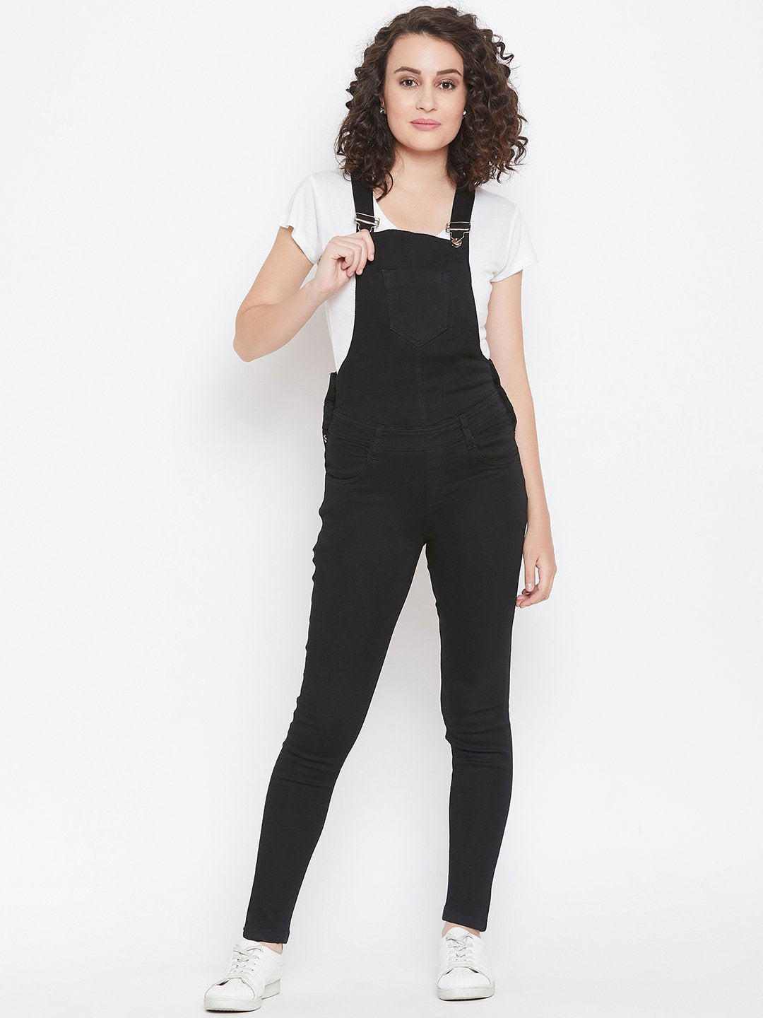 Slim Fit Stretchable Black Dungarees - NiftyJeans