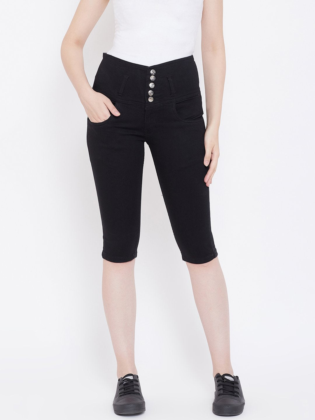 High Waist 5 Button Black Capris - NiftyJeans