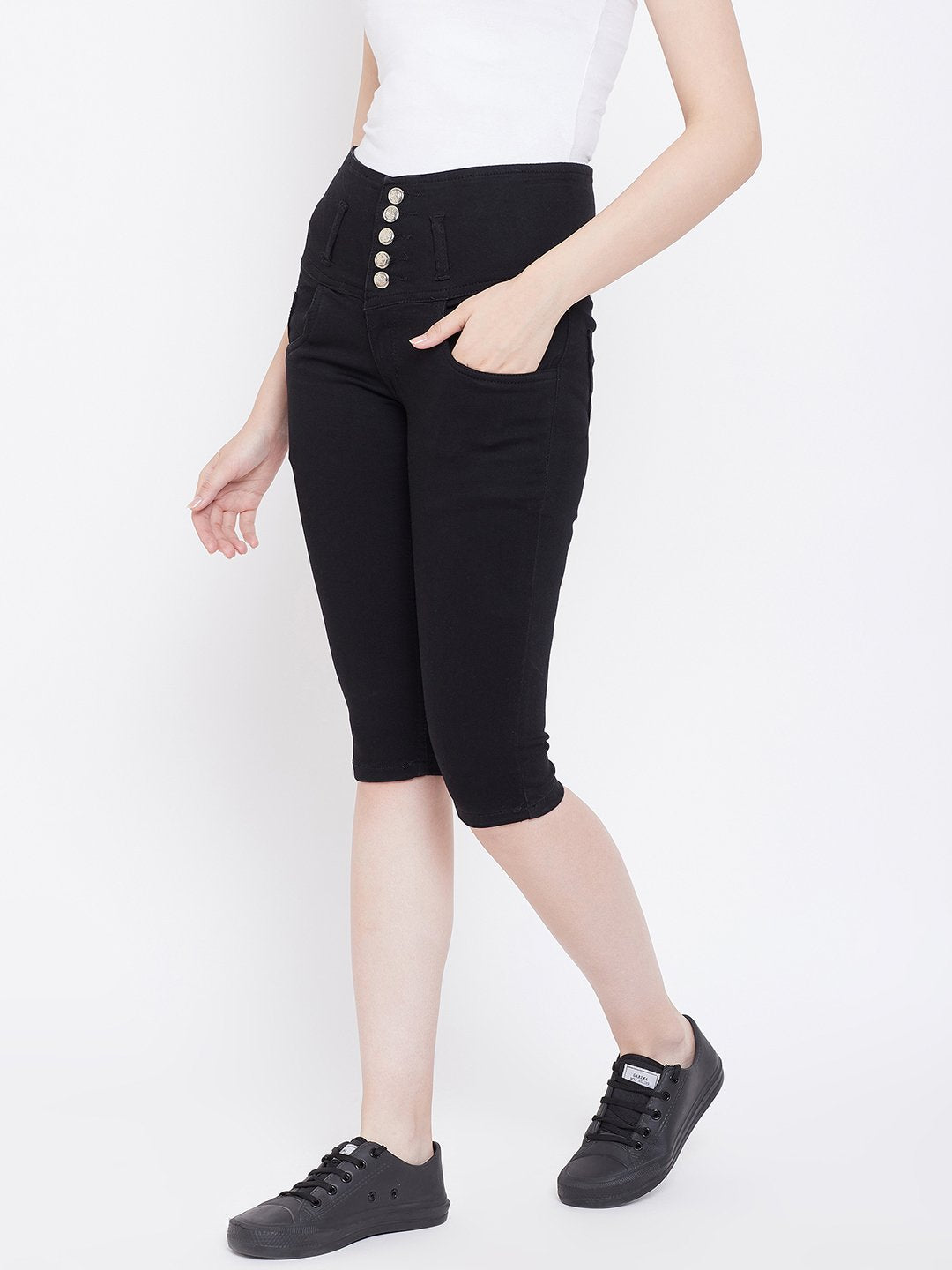 High Waist 5 Button Black Capris - NiftyJeans