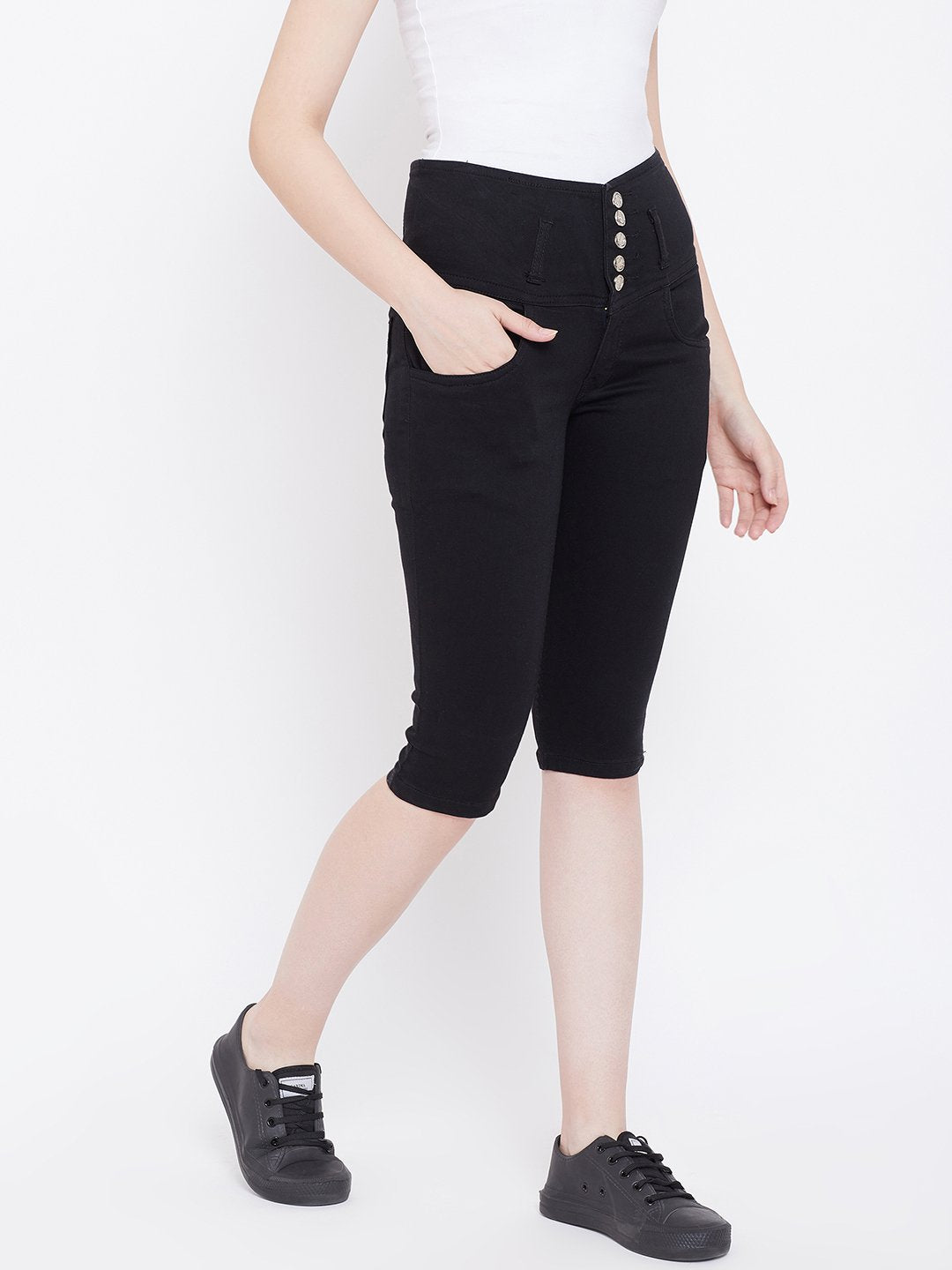 High Waist 5 Button Black Capris - NiftyJeans
