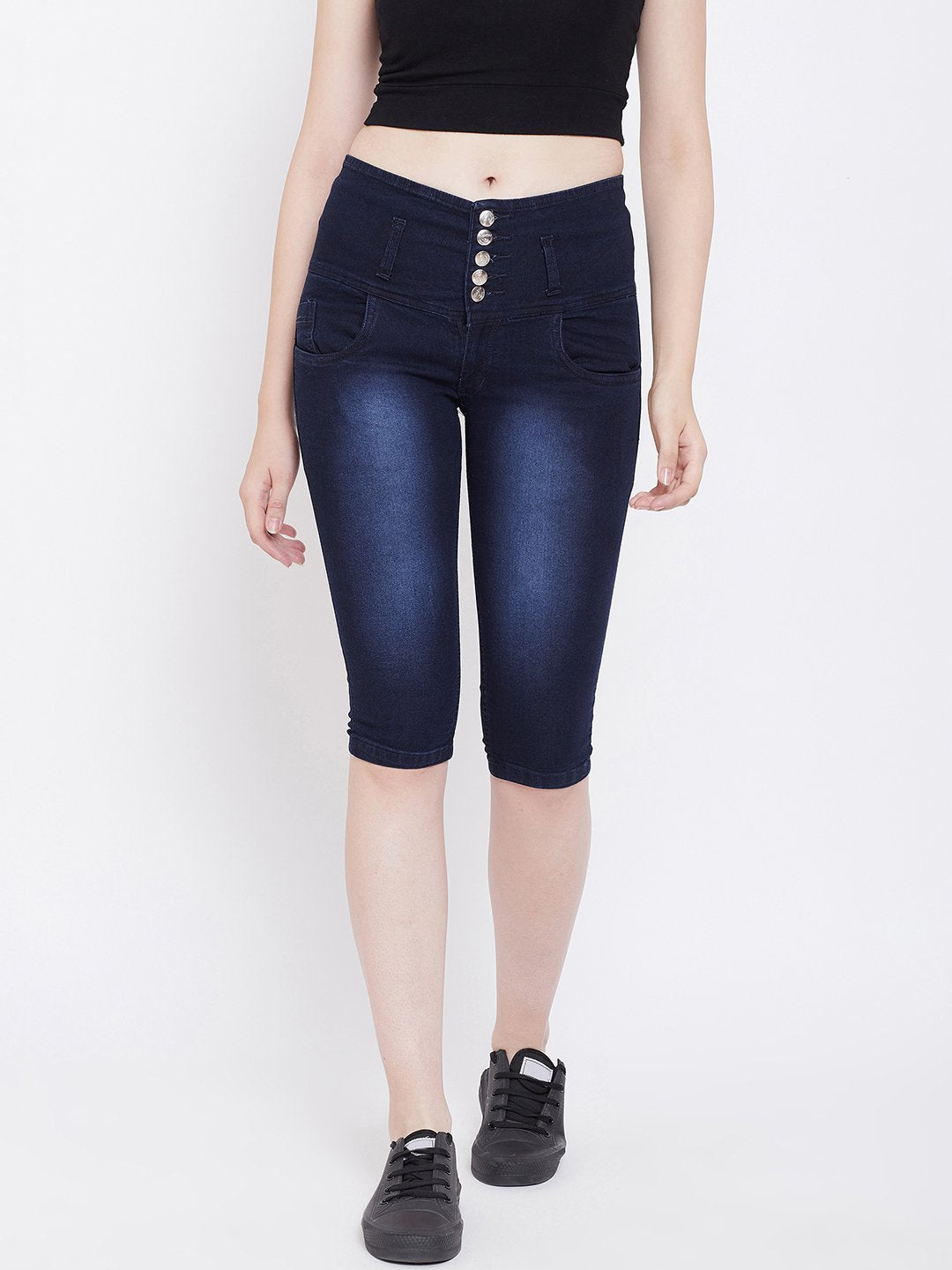 High Waist 5 Button Blue Capris - NiftyJeans