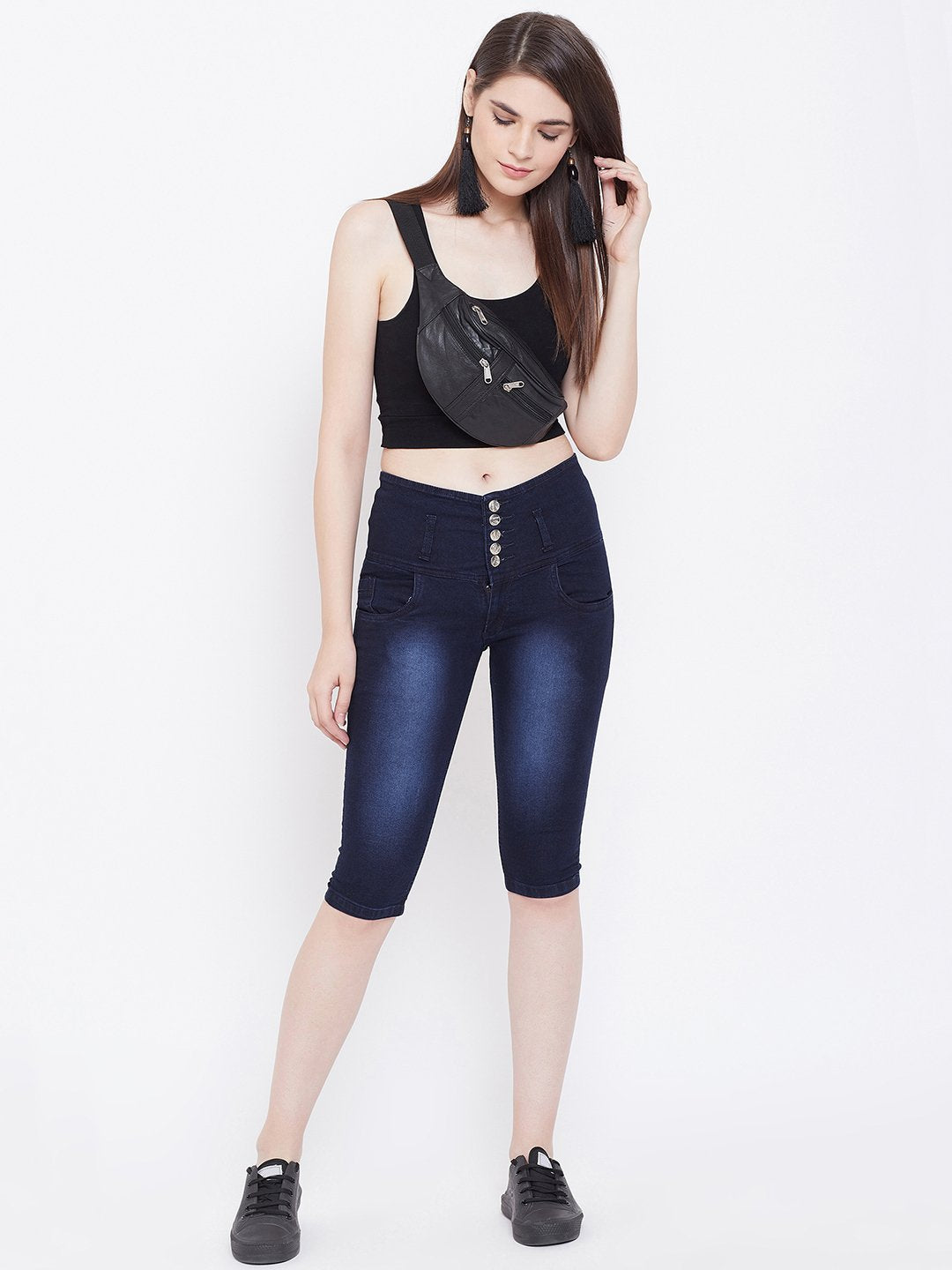 High Waist 5 Button Blue Capris - NiftyJeans