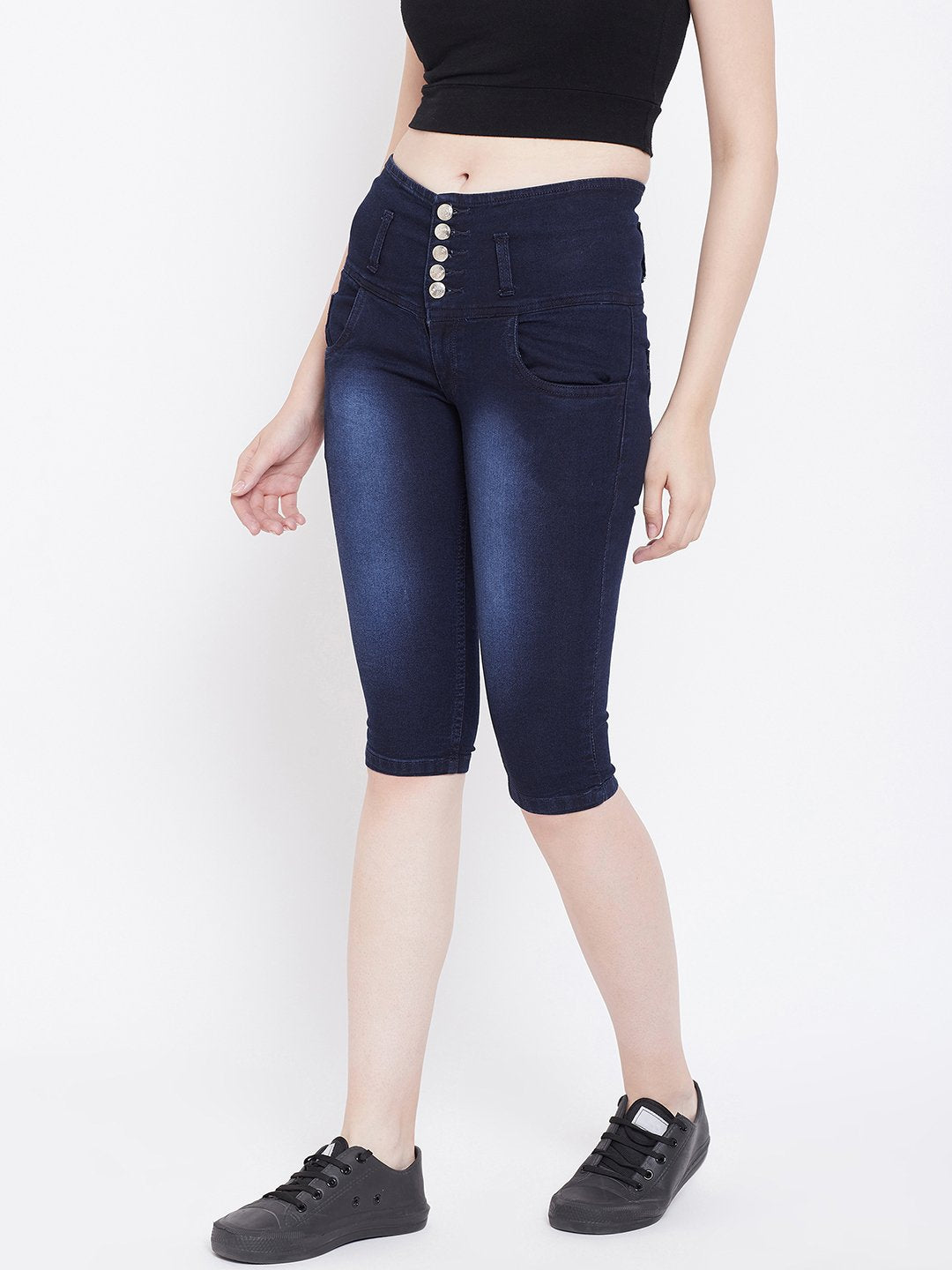 High Waist 5 Button Blue Capris - NiftyJeans