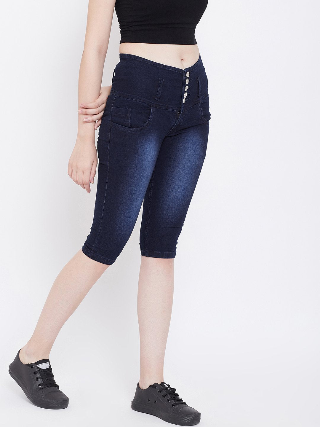 High Waist 5 Button Blue Capris - NiftyJeans