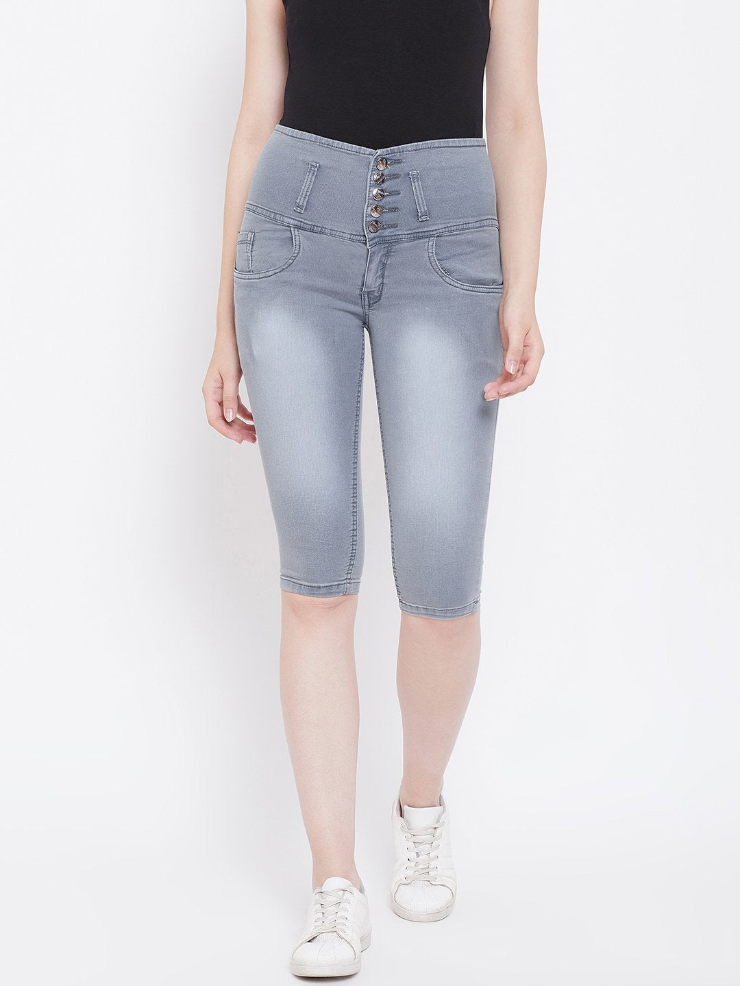 High Waist 5 Button Grey Capris - NiftyJeans