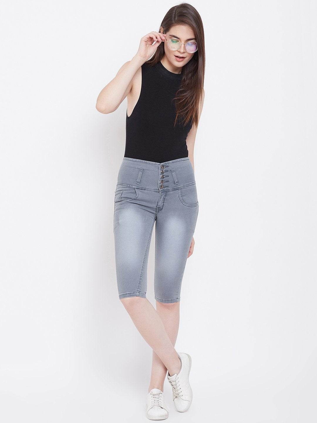 High Waist 5 Button Grey Capris - NiftyJeans