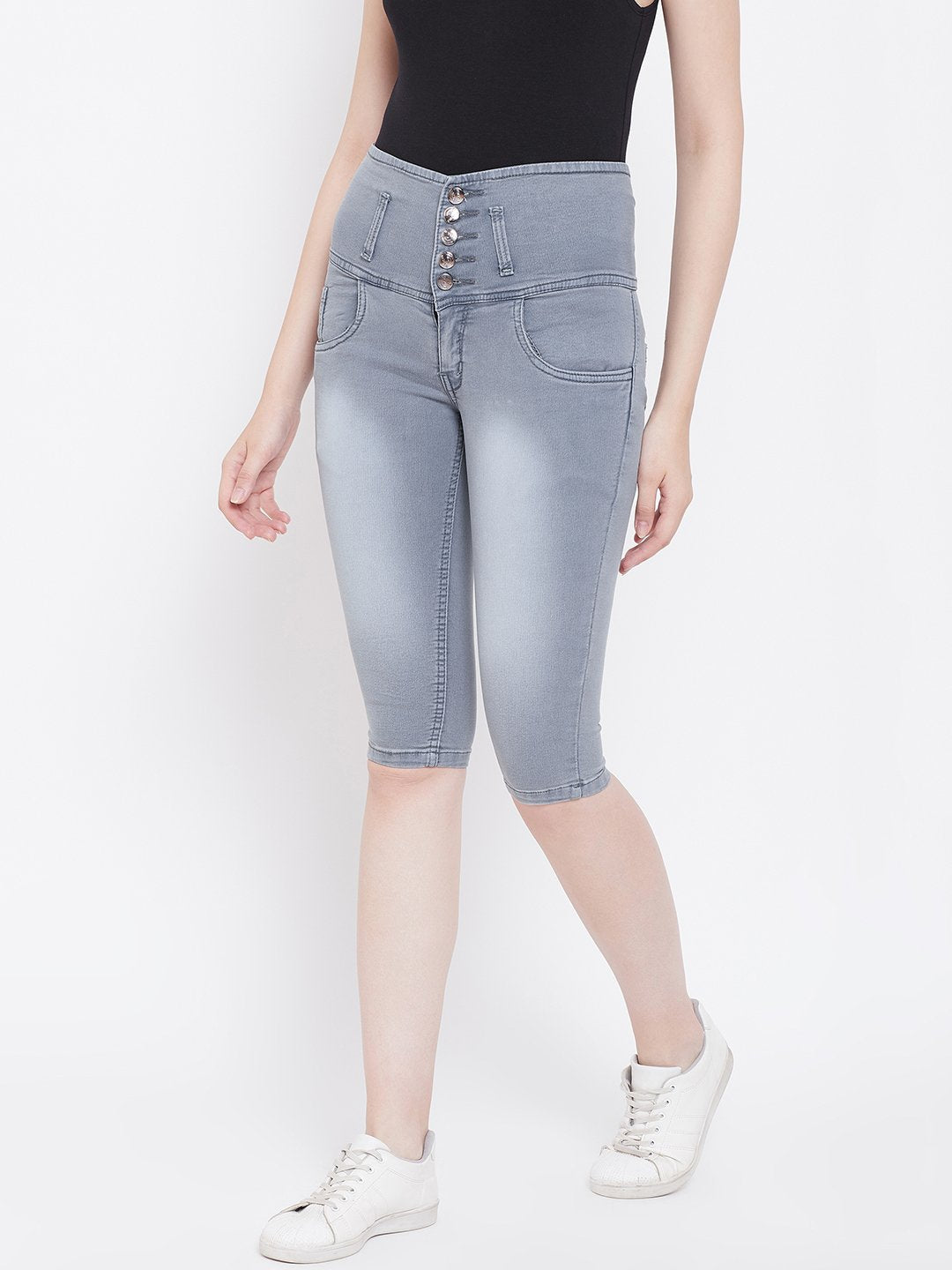 High Waist 5 Button Grey Capris - NiftyJeans