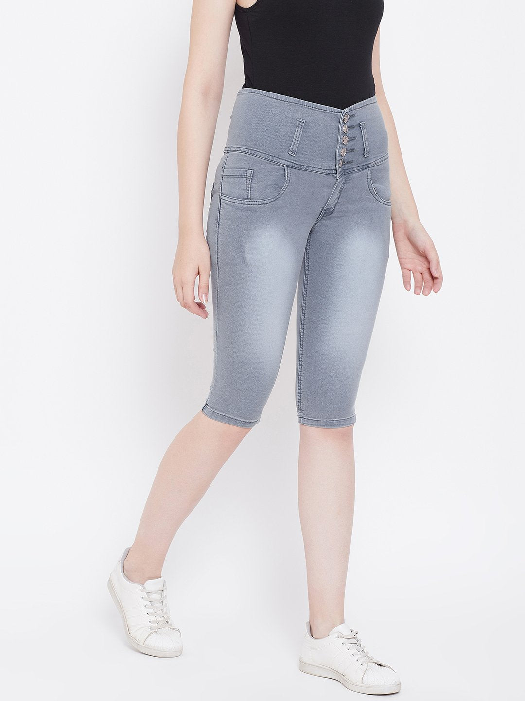 High Waist 5 Button Grey Capris - NiftyJeans