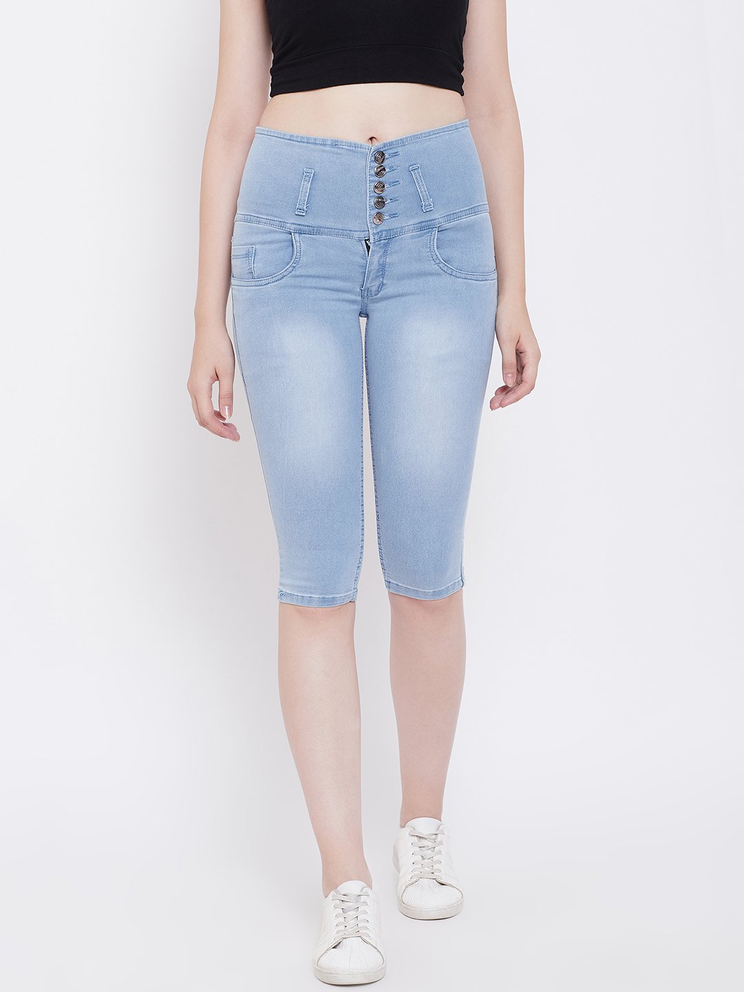 High Waist 5 Button Sky Blue Capris - NiftyJeans