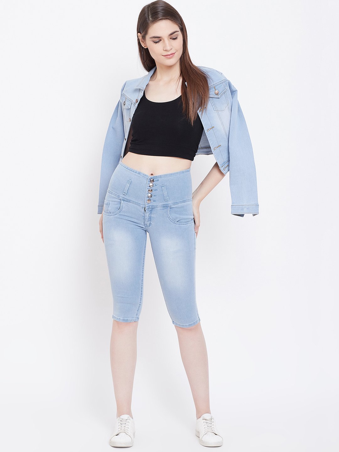 High Waist 5 Button Sky Blue Capris - NiftyJeans