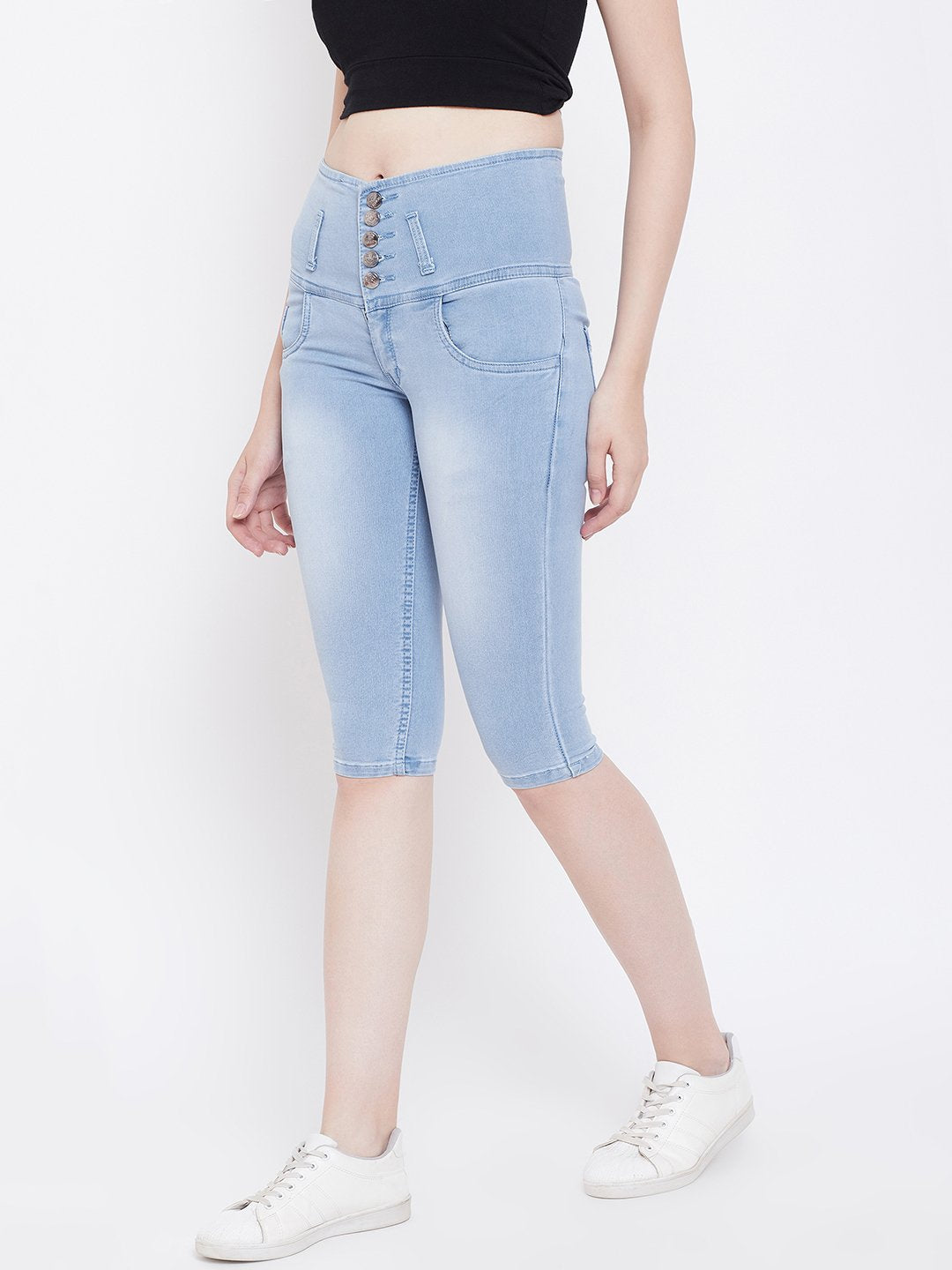 High Waist 5 Button Sky Blue Capris - NiftyJeans