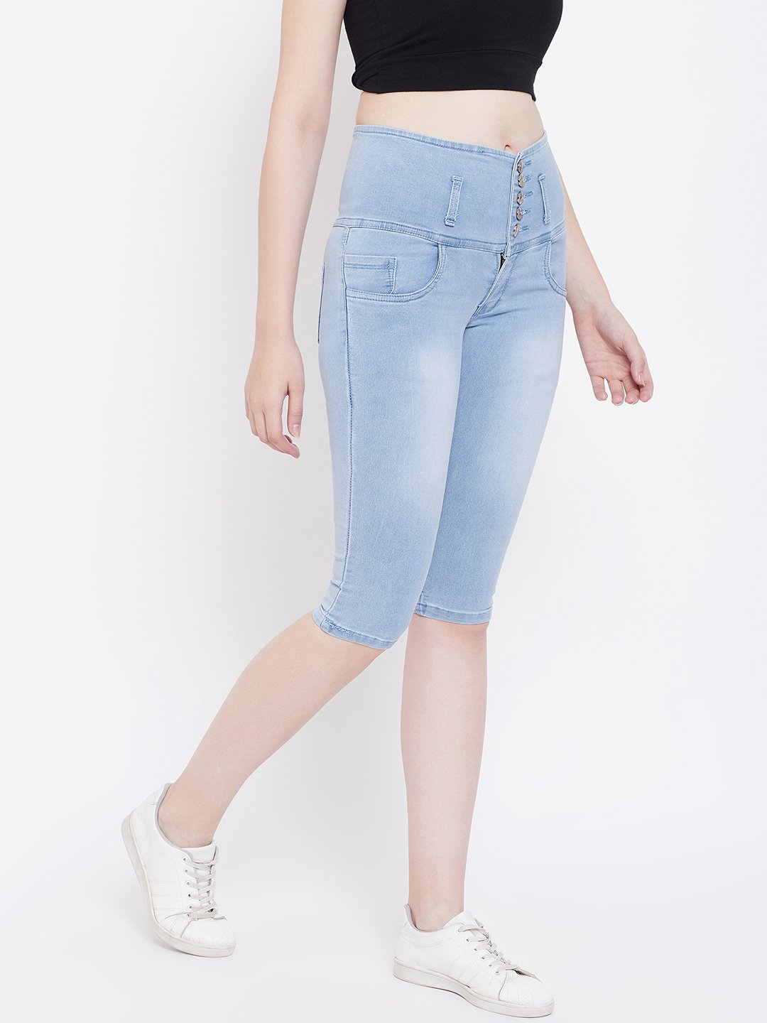 High Waist 5 Button Sky Blue Capris - NiftyJeans