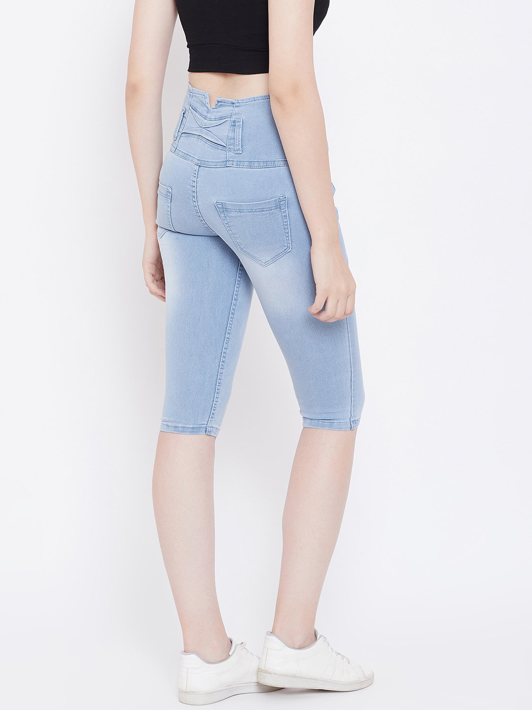 High Waist 5 Button Sky Blue Capris - NiftyJeans