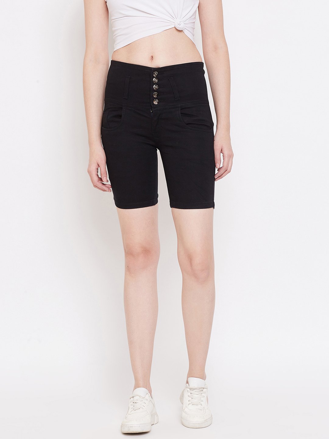 High Waist 5 Button Black Shorts - NiftyJeans