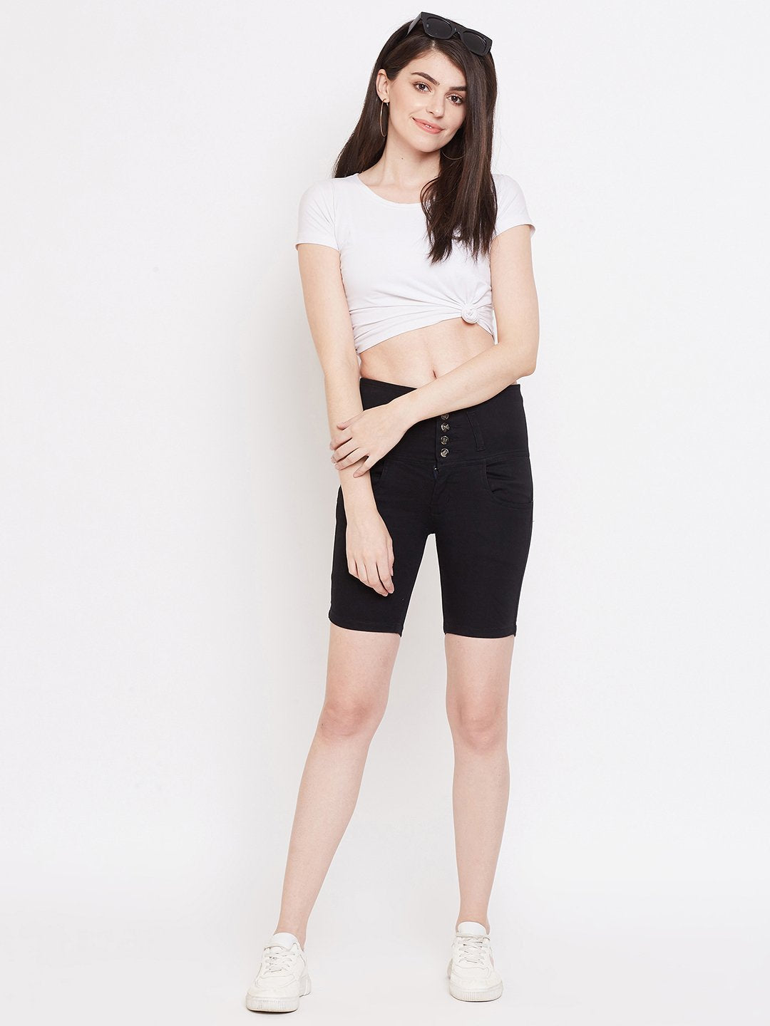 High Waist 5 Button Black Shorts - NiftyJeans