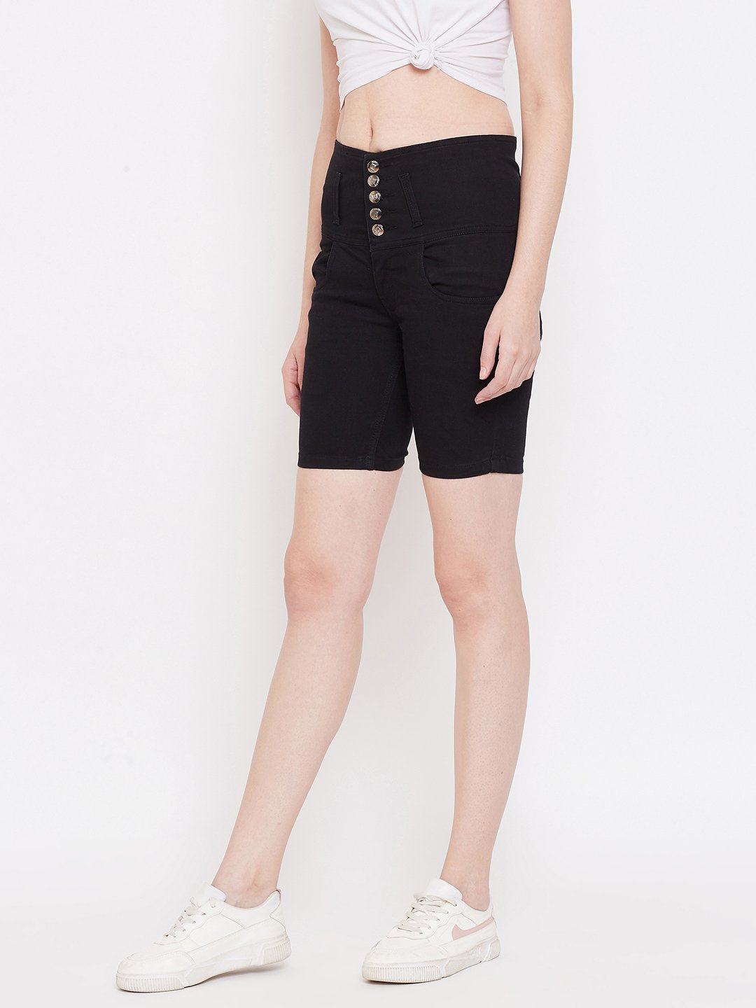High Waist 5 Button Black Shorts - NiftyJeans
