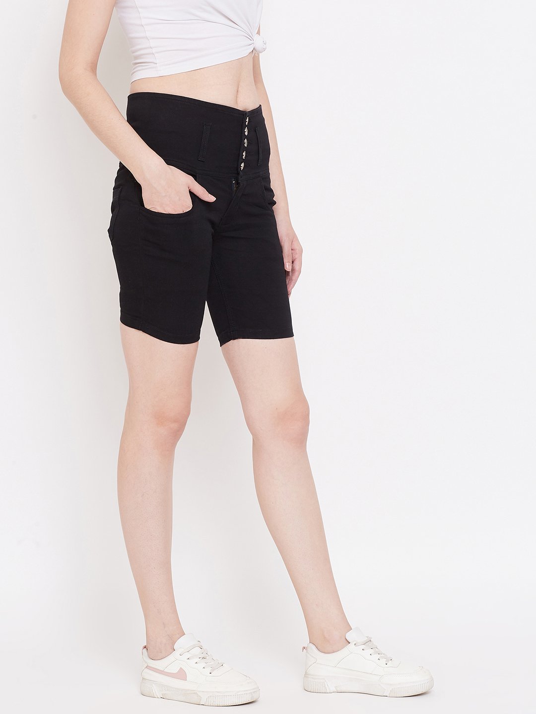 High Waist 5 Button Black Shorts - NiftyJeans