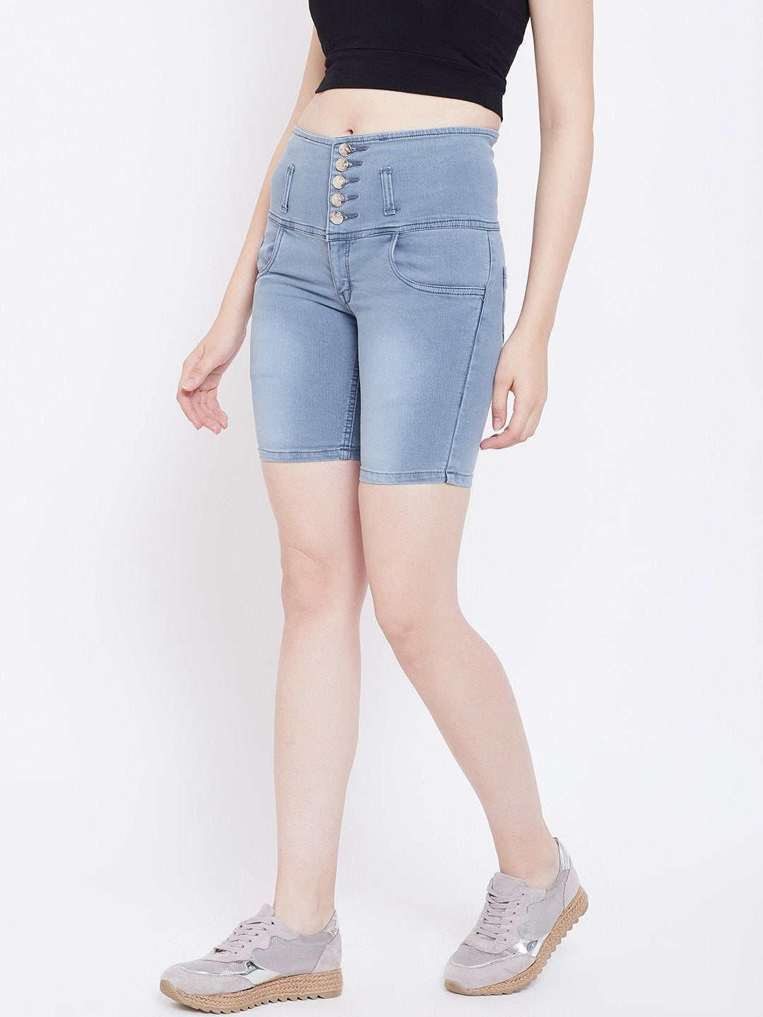 High Waist 5 Button Grey Shorts - NiftyJeans