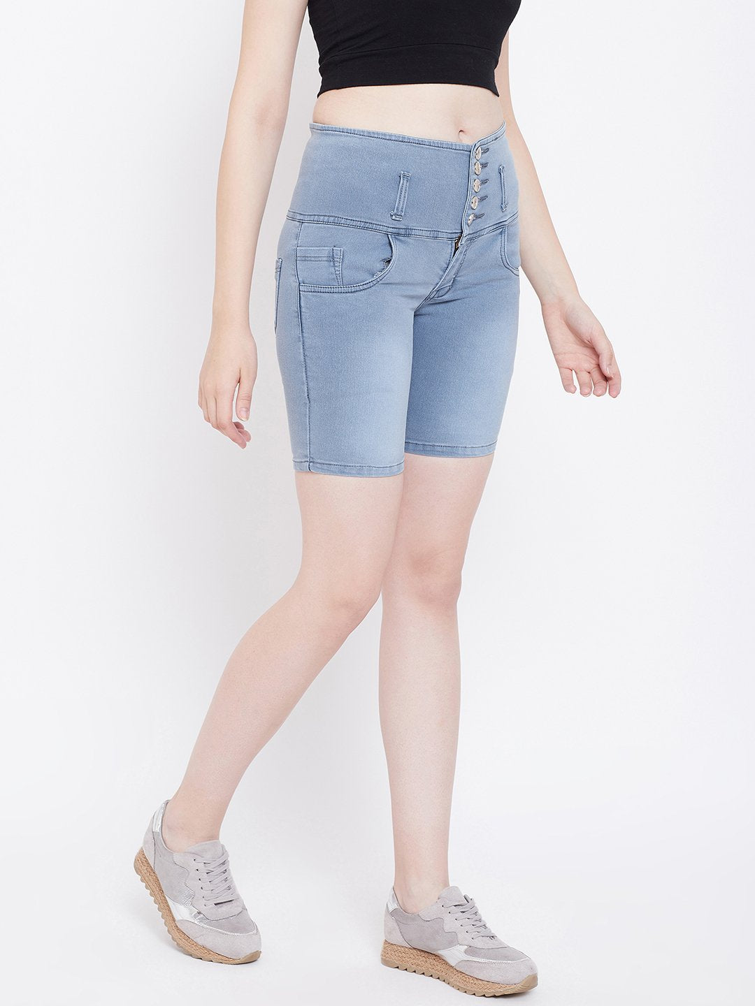 High Waist 5 Button Grey Shorts - NiftyJeans