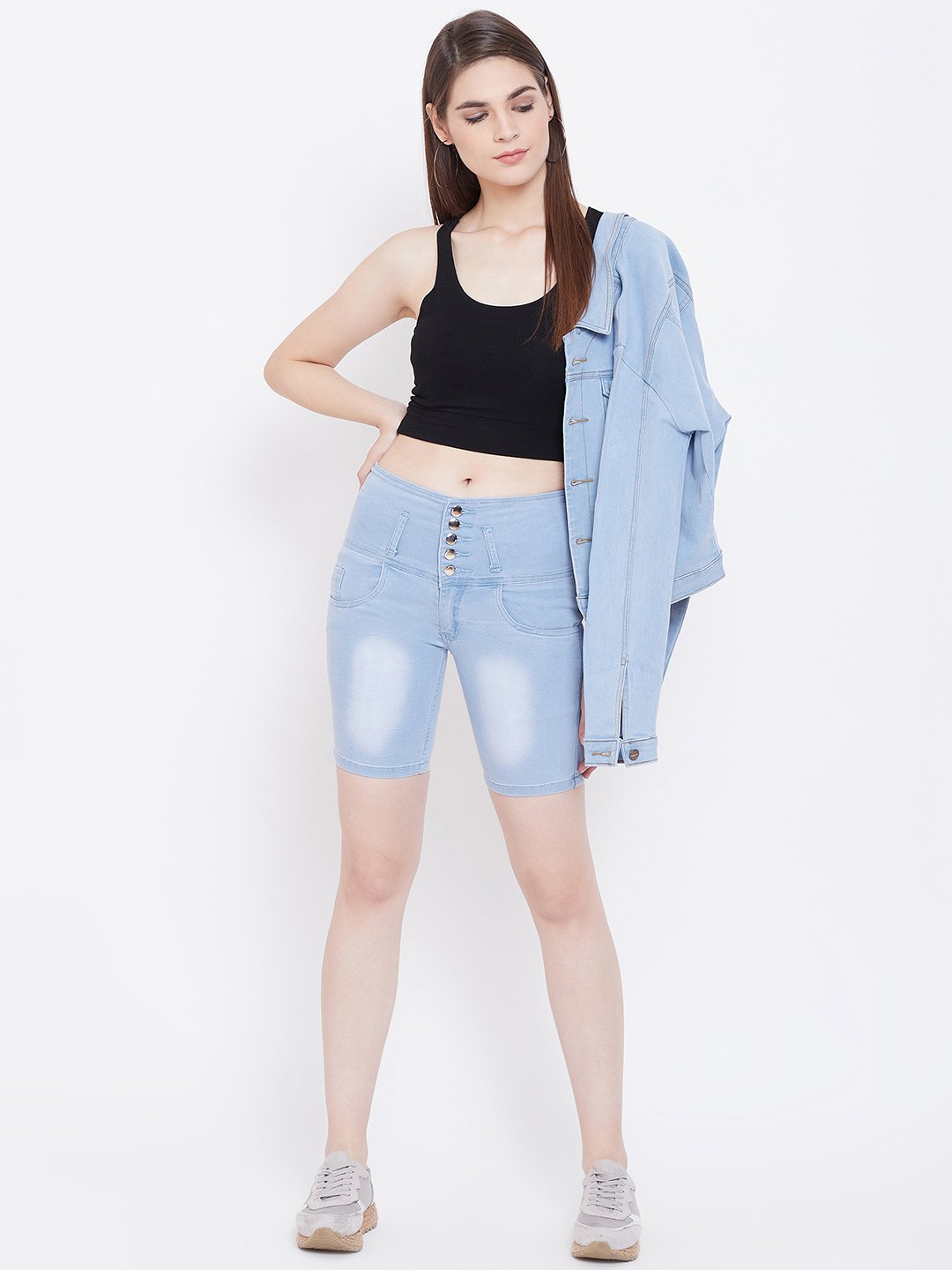 High Waist 5 Button Sky Blue Shorts - NiftyJeans
