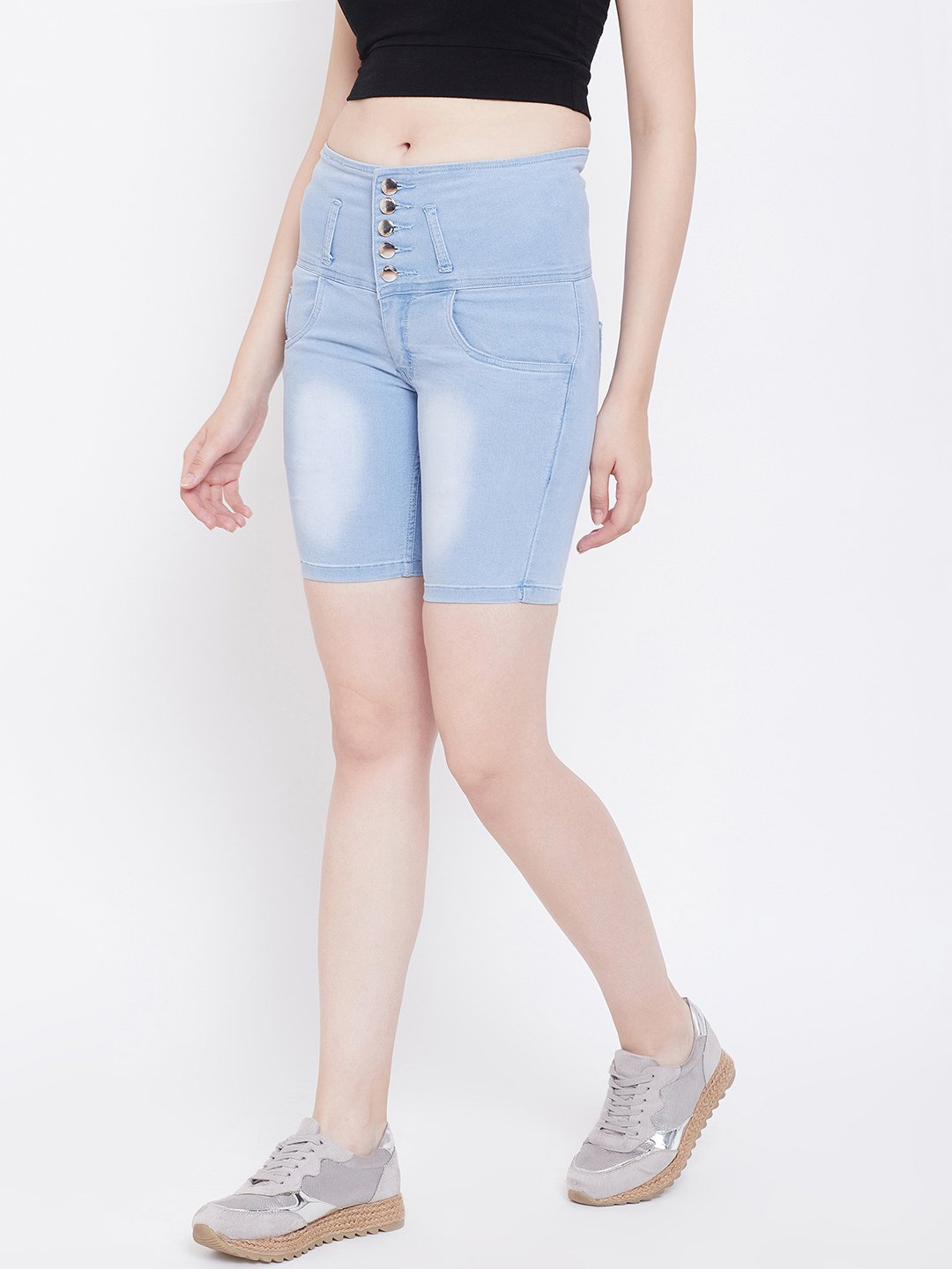 High Waist 5 Button Sky Blue Shorts - NiftyJeans