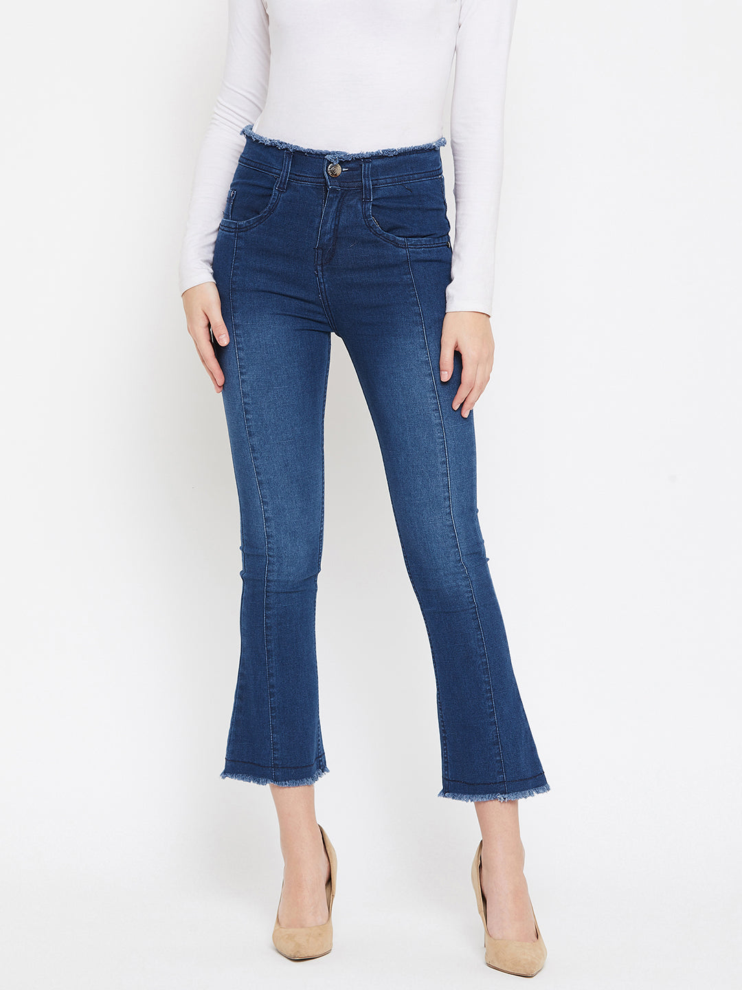 Bata blue slim fit 5- pocket high rise jeans, bootcut with light fade, frayed hems , zip fly with button closure, waistband with belt loops