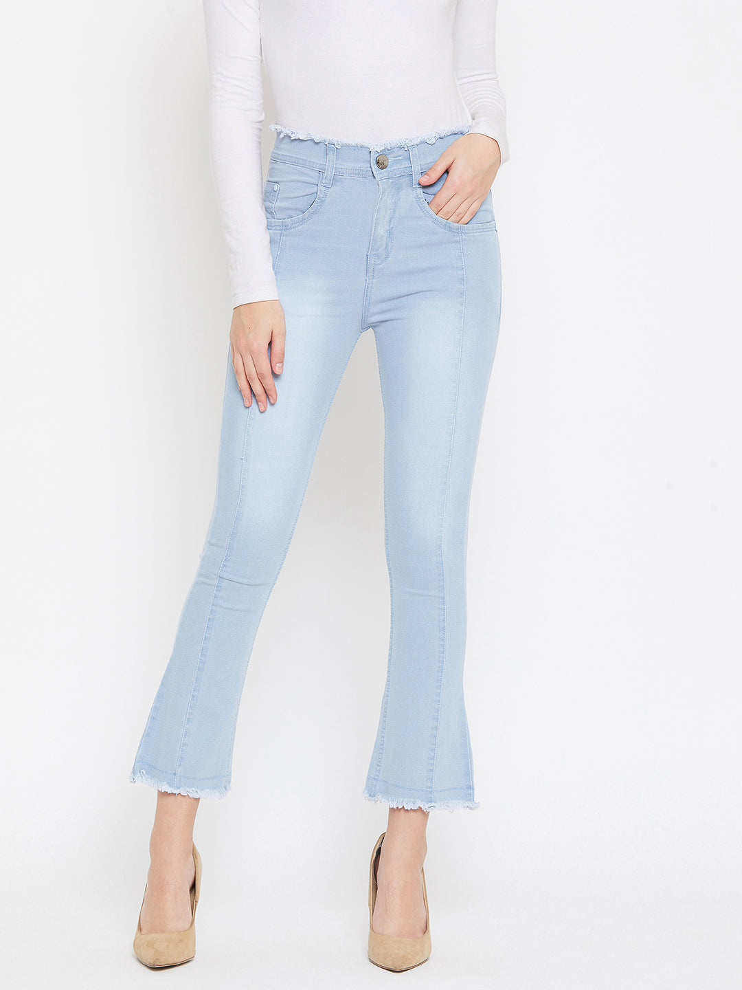 Sky blue slim fit 5- pocket high rise jeans, bootcut with light fade, frayed hems , zip fly with button closure, waistband with belt loops