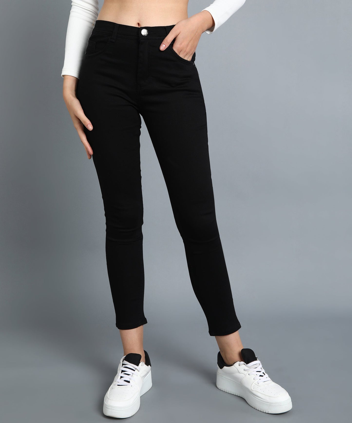 Jet black slim fit 5- pocket high rise jeans, clean look, zip fly with button closure, waistband with belt loops