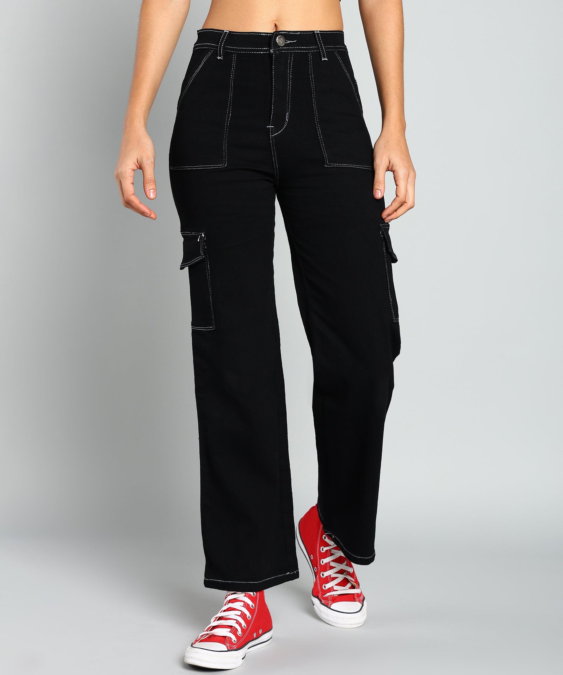 Straight Fit Stretchable Cargo Black Jeans - NiftyJeans