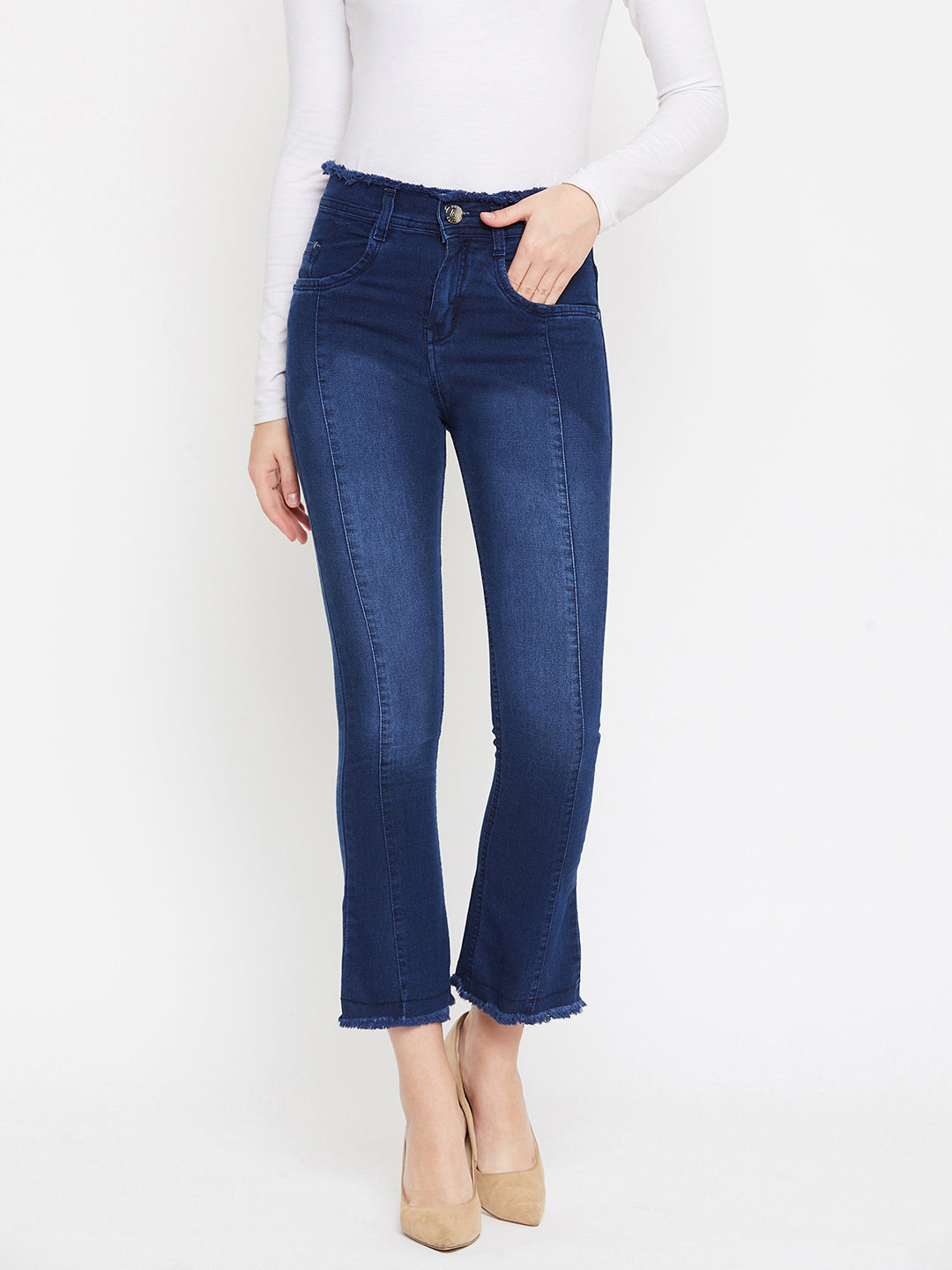 Basic blue slim fit 5- pocket high rise jeans, bootcut with light fade, frayed hems , zip fly with button closure, waistband with belt loops