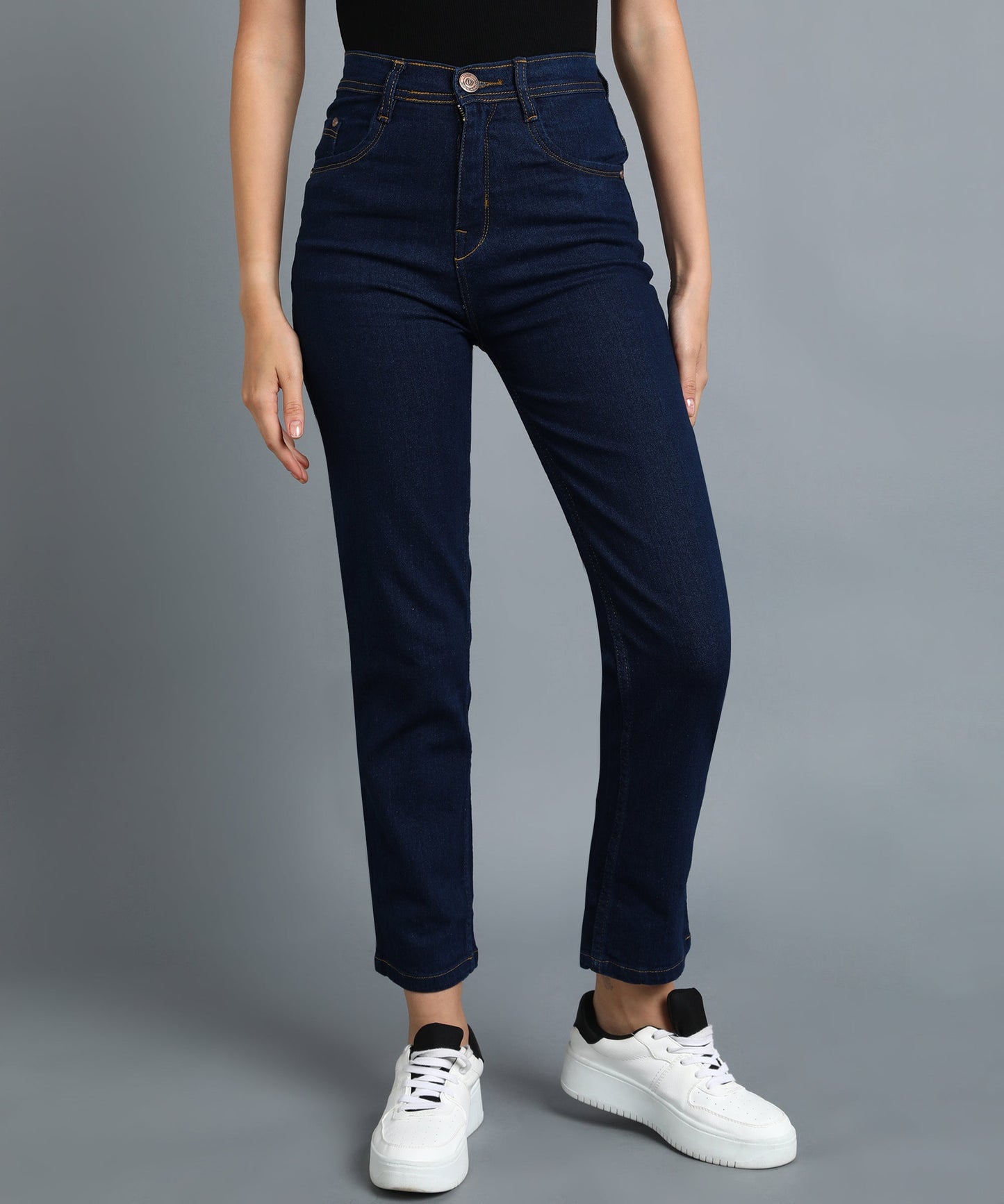 Basic Blue straight fit 5- pocket high rise jeans, clean look, zip fly with button closure, waistband with belt loops