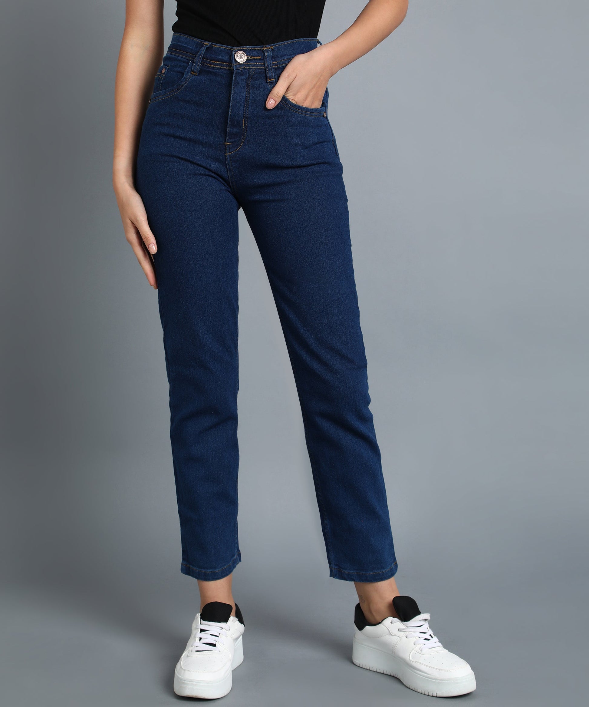 Bata Blue straight fit 5- pocket high rise jeans, clean look, zip fly with button closure, waistband with belt loops