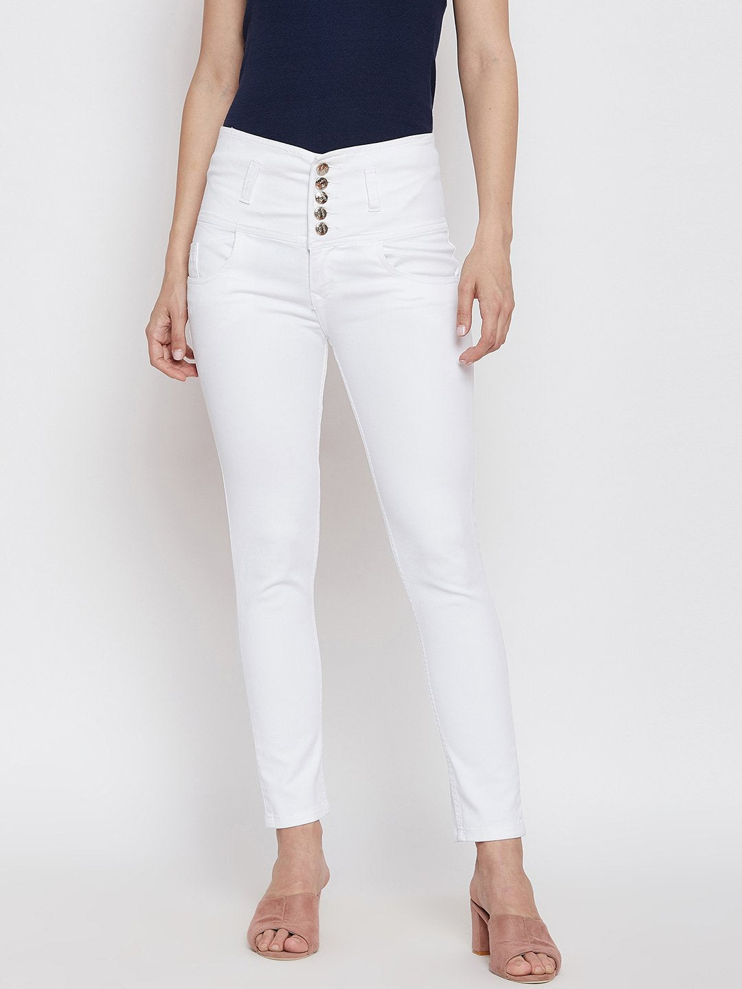 High Waist 5 button White Jeans - NiftyJeans