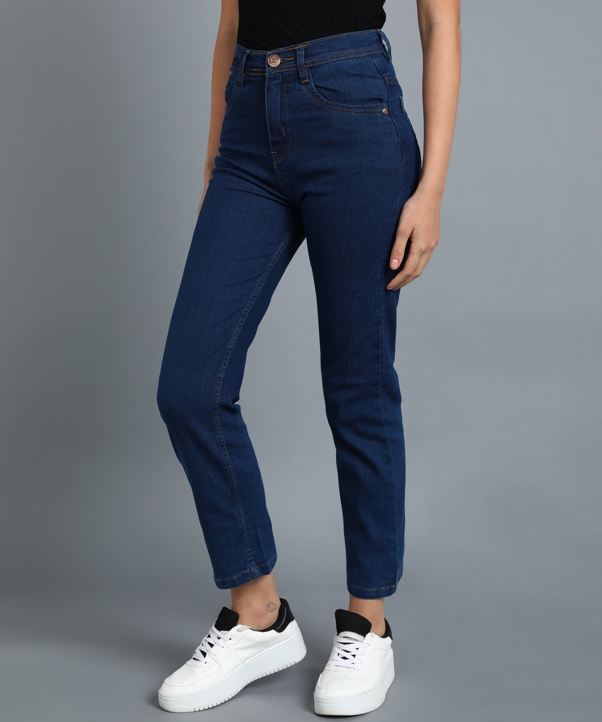 Bata Blue straight fit 5- pocket high rise jeans, clean look, zip fly with button closure, waistband with belt loops