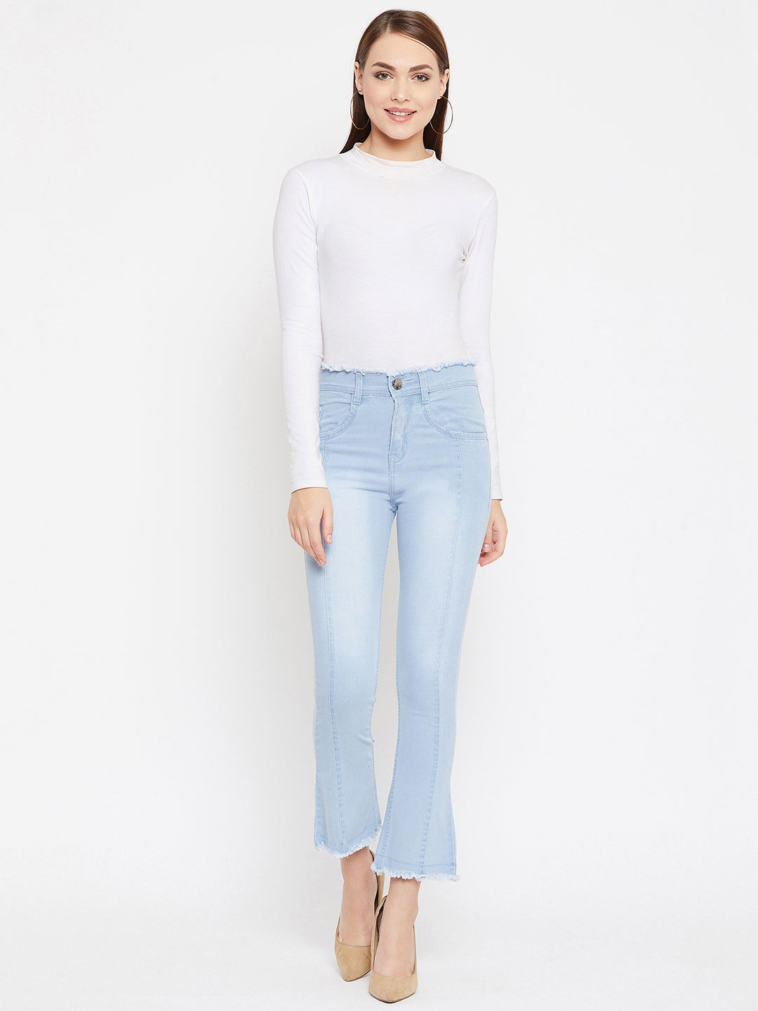 Sky blue slim fit 5- pocket high rise jeans, bootcut with light fade, frayed hems , zip fly with button closure, waistband with belt loops