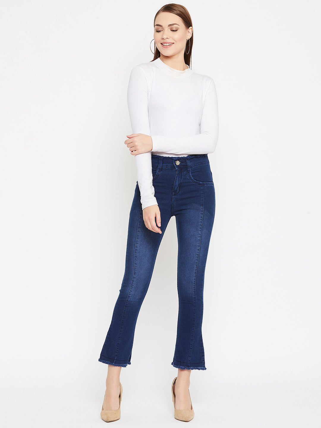 Basic blue slim fit 5- pocket high rise jeans, bootcut with light fade, frayed hems , zip fly with button closure, waistband with belt loops