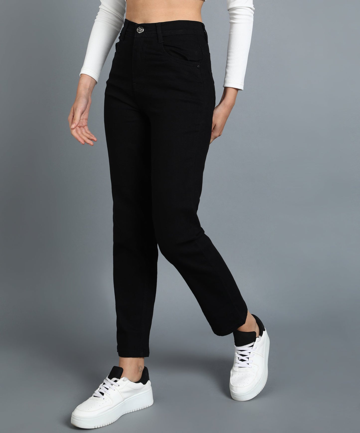 Black straight fit 5- pocket high rise jeans, clean look, zip fly with button closure, waistband with belt loops