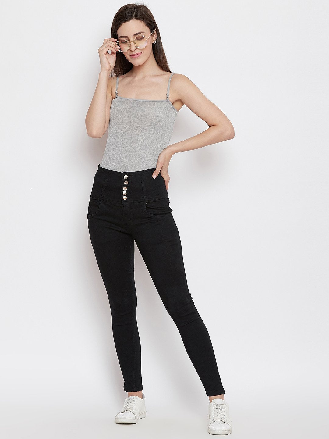 High Waist 5 button Black Jeans - NiftyJeans