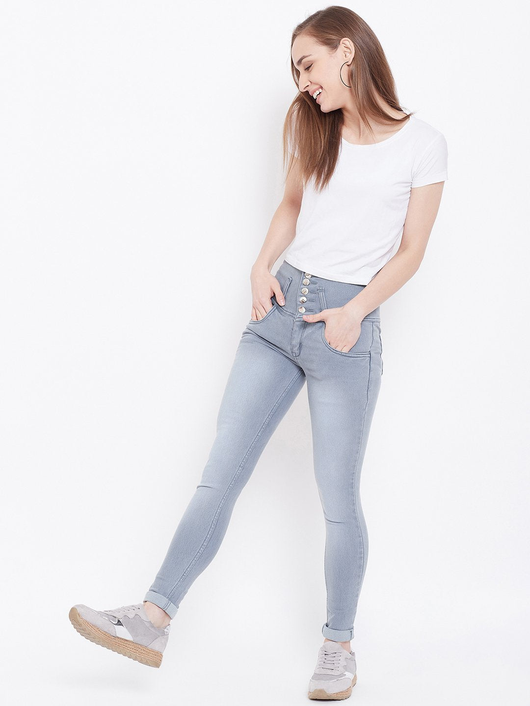 High Waist 5 button Grey Jeans - NiftyJeans
