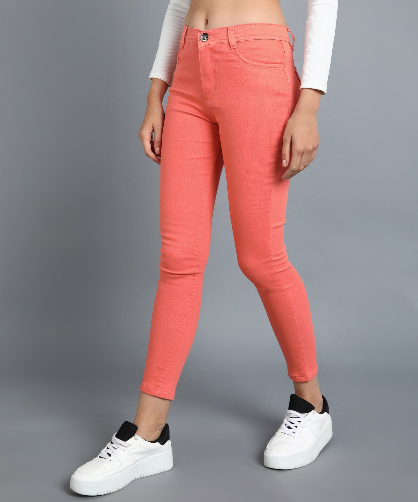 Tomato Red slim fit 5- pocket high rise jeans, clean look, zip fly with button closure, waistband with belt loops