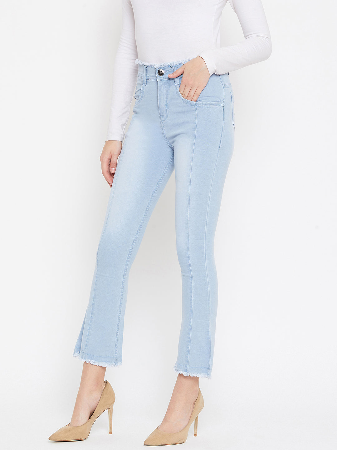 Sky blue slim fit 5- pocket high rise jeans, bootcut with light fade, frayed hems , zip fly with button closure, waistband with belt loops