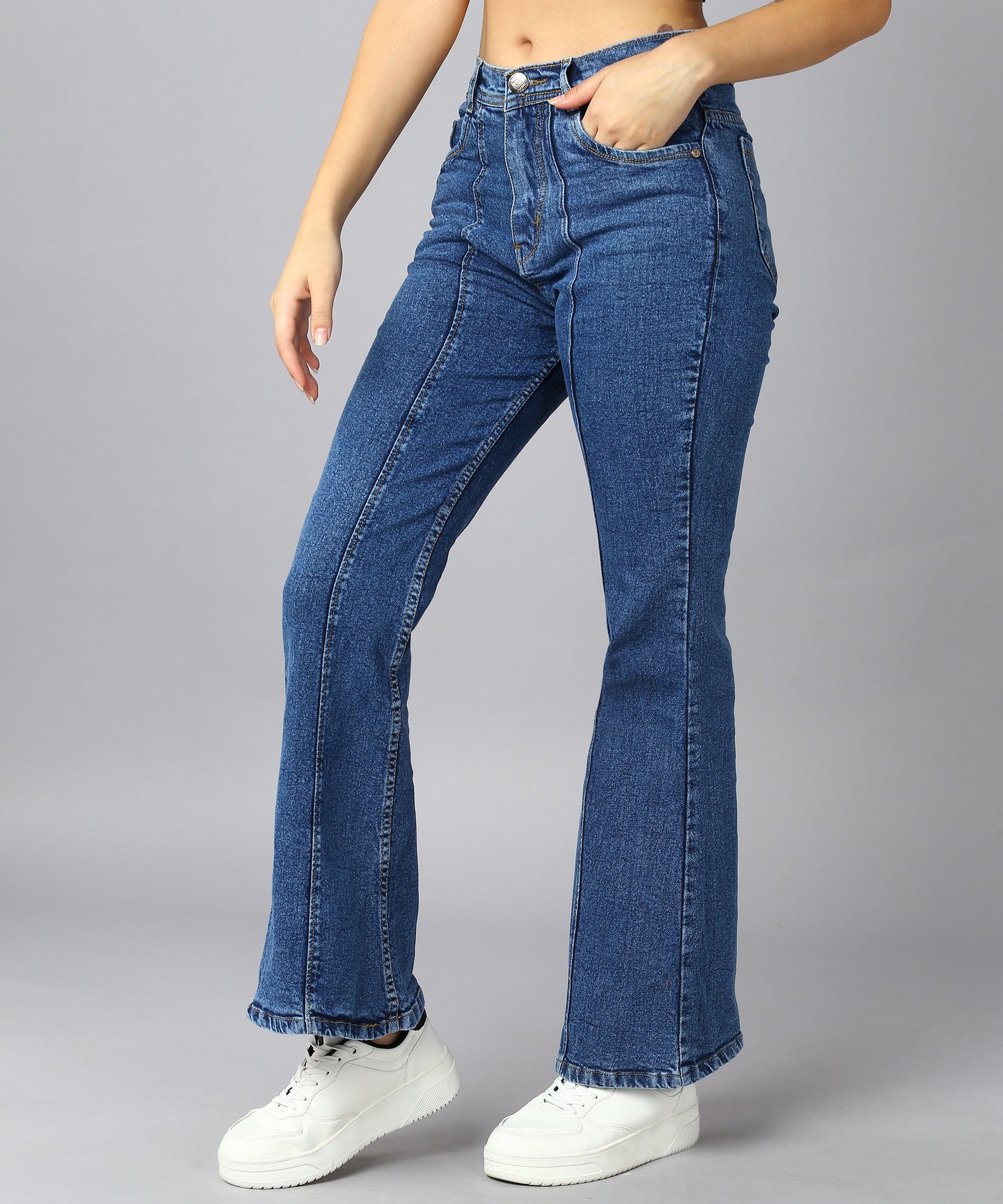 High Waist Bell Bottom Medium Blue Jeans - NiftyJeans