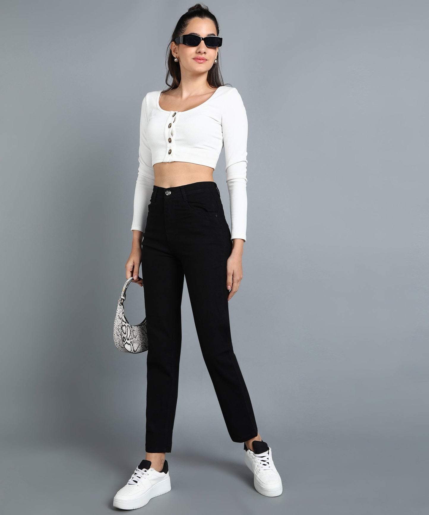 Black straight fit 5- pocket high rise jeans, clean look, zip fly with button closure, waistband with belt loops