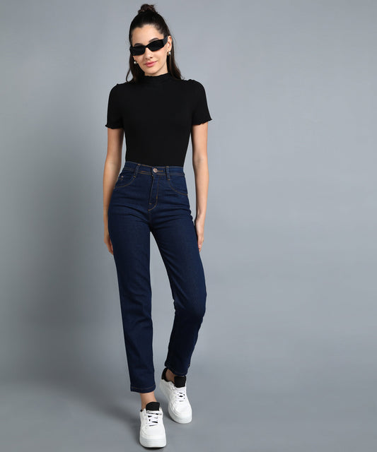 Basic Blue straight fit 5- pocket high rise jeans, clean look, zip fly with button closure, waistband with belt loops