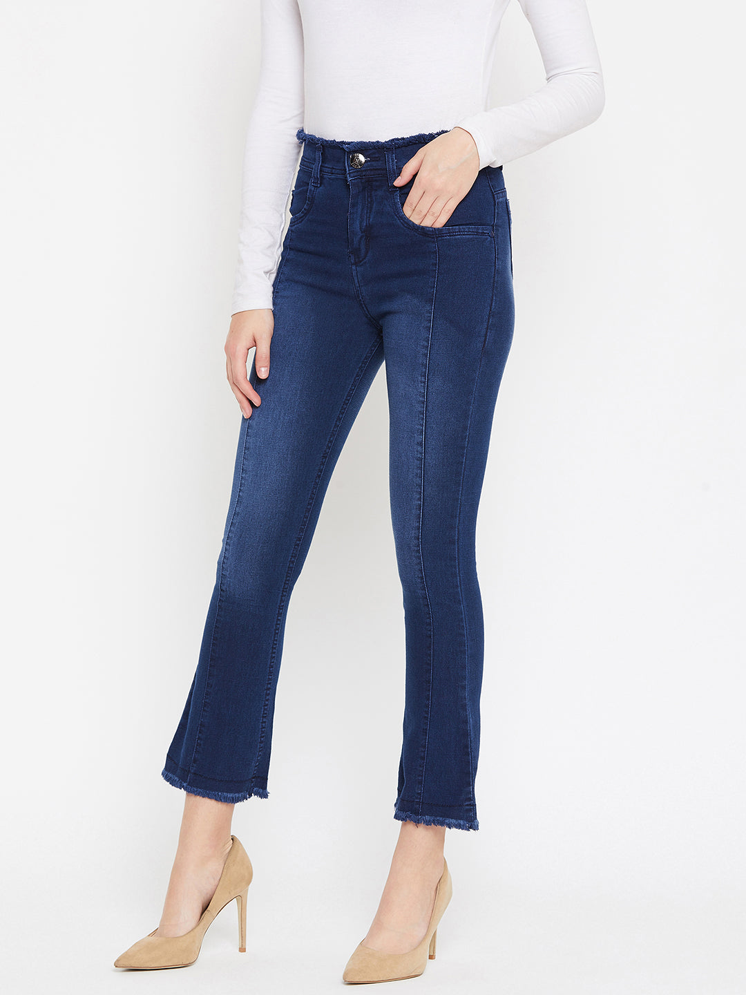 Basic blue slim fit 5- pocket high rise jeans, bootcut with light fade, frayed hems , zip fly with button closure, waistband with belt loops