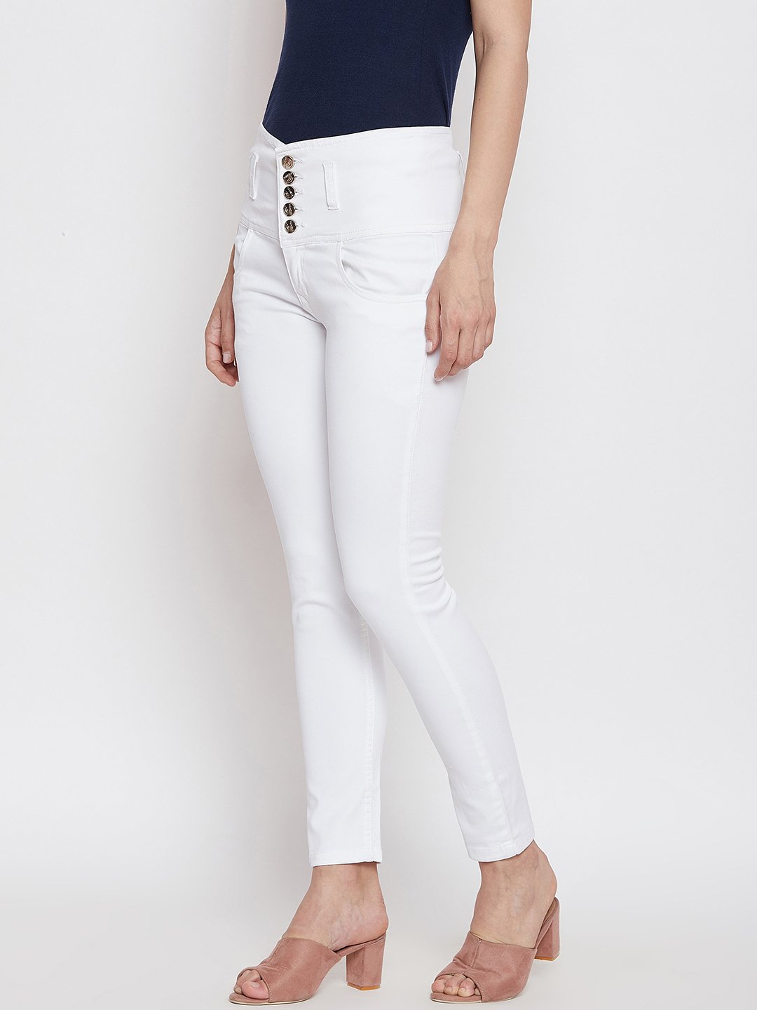 High Waist 5 button White Jeans - NiftyJeans