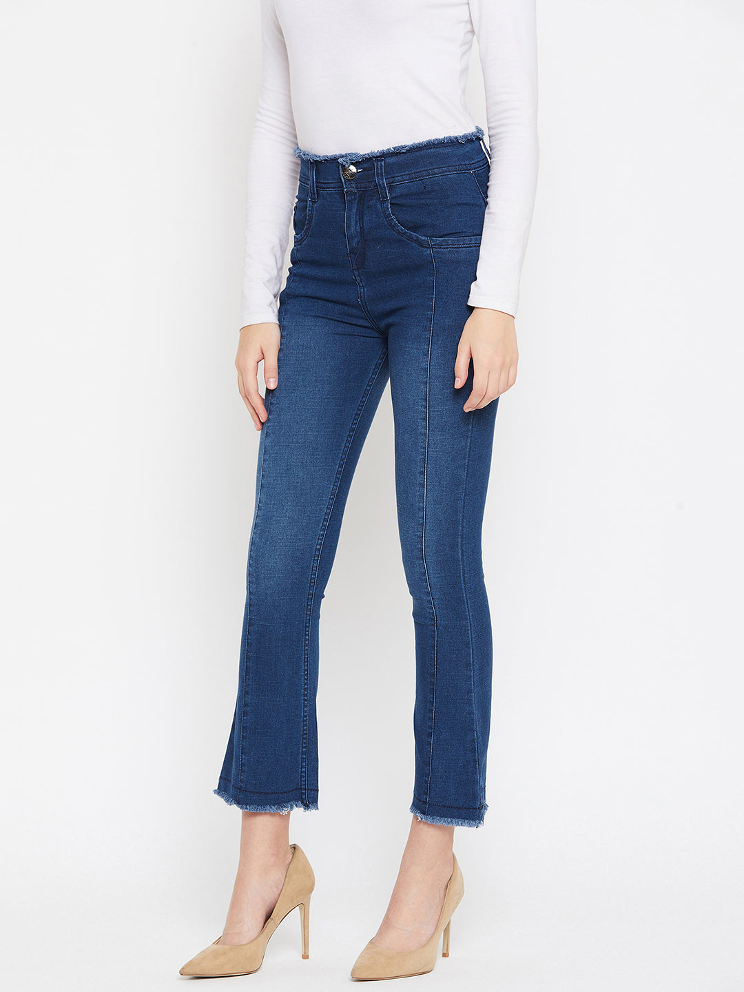 Bata blue slim fit 5- pocket high rise jeans, bootcut with light fade, frayed hems , zip fly with button closure, waistband with belt loops