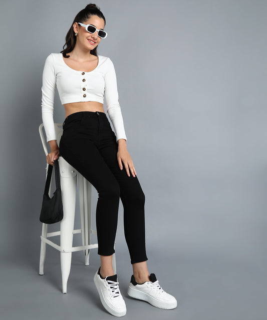 Jet black slim fit 5- pocket high rise jeans, clean look, zip fly with button closure, waistband with belt loops