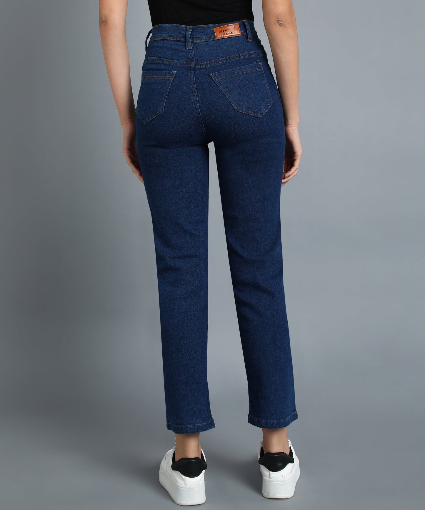 Bata Blue straight fit 5- pocket high rise jeans, clean look, zip fly with button closure, waistband with belt loops