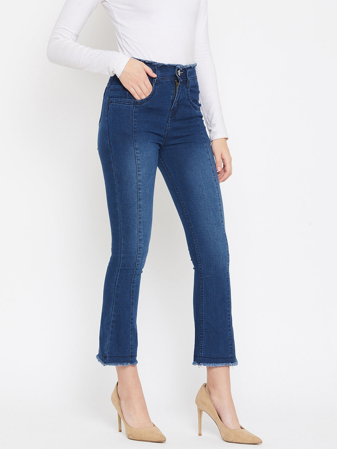 Bata blue slim fit 5- pocket high rise jeans, bootcut with light fade, frayed hems , zip fly with button closure, waistband with belt loops